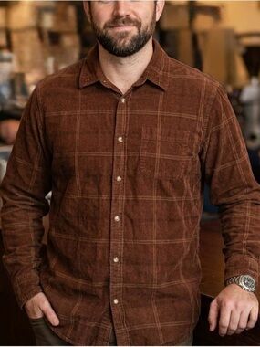 Mountain Ridge Plaid Corduroy Button Down Shirt Brown Earth Tones Rugged Rustic